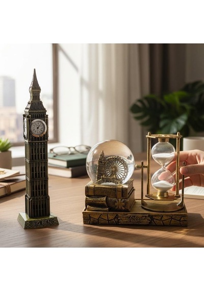 Kişiye Özel Big Ben Saatli Kum Saati Ve Bıg Ben Kar Küresi Dekoratif Masaüstü Hediye Seti