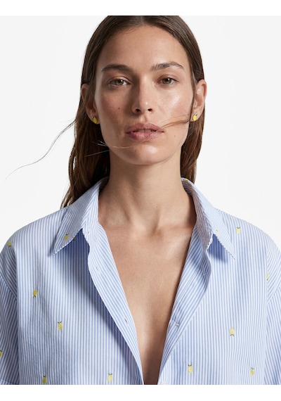 Koton Koton X Sibil Çetinkaya - Kısa Kollu Limon İşleme Detaylı Çizgili Crop Poplin Gömlek Mavi Çizgili 6sak60369pw
