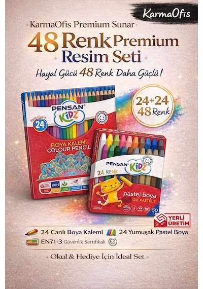48 Renk Resim Seti 24 Boya Kalemi + 24 Yumuşak Pastel Boya Çocuk Boya Seti Yerli Üretim