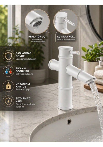 Viosa Premium Bambu Beyaz Banyo Lavabo Bataryası Çeşmesi Musluğu Modern Musluk Siyah