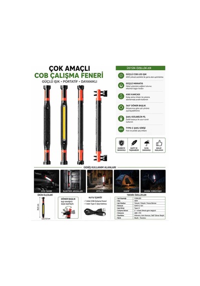 40w Cob Led Şarjlı Çalışma Lambası Mıknatıslı Askılı Type-c Gs2080 Evimdeyokyok Çok Renkli