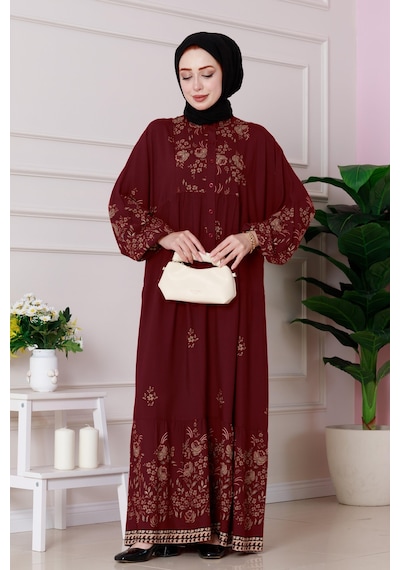 Sevitli Yarım Düğmeli Robalı Nilay Elbise-bordo-4876 Bordo