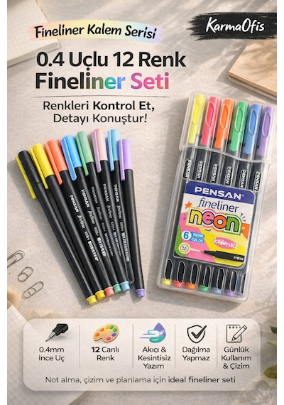 0.4 Uçlu 12 Renk Fineliner Kalem Seti Neon & Pastel Pensan İnce Uç Çizim Kalemi Seti