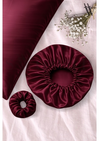 Bordo Saten Yastık Kılıfı +  Bone Ve Toka Kıvırcık Ve Düz Saçlar İçin