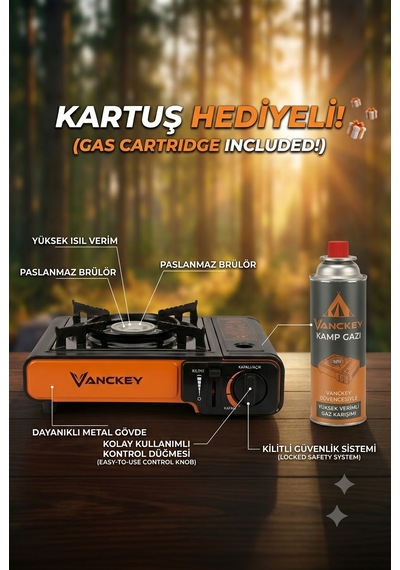 Portatif Kamp Ocak Gaz Stop Emniyetli Taşıabilir Hafif Ocak Karuş Hediyeli Turuncu