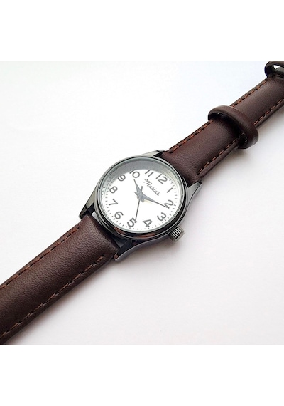 Retro Kadın Kol Saati, Vintage Tasarım, Klasik Tasarım, Siyah Kasa, Minimal Tasarım, Kayışlı Koyu Kahverengi Altın