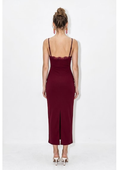 Shade Kadın İnce Askılı Dantel Detaylı V Yaka Vücuda Oturan Maxi Elbise 2338 60286243 - Bordo
