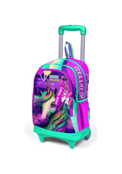 Coral High Kids Pembe Su Yeşili Unicorn Desenli Üç Bölmeli Çekçekli Okul Sırt Çantası 23958