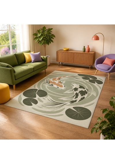 Kartela Halı Koi Balığı Desenli Halı Adaçayı Yeşili Kaymaz Taban Makinede Yıkanabilir 120x180 Cm