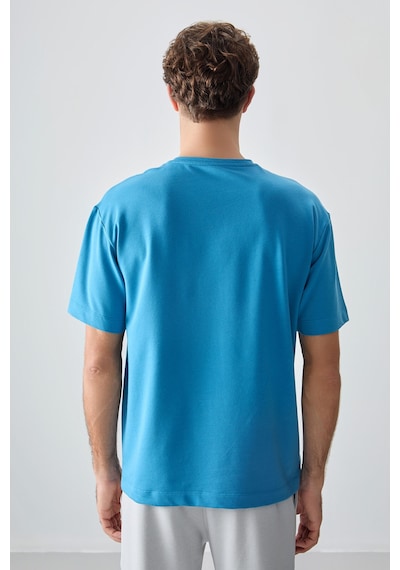 Air Jones Tommy Life Petrol Mavi Pamuklu Kalın Yumuşak Dokulu Oversize Fit Basic Erkek T-shirt - 88377 Petrol Mavi
