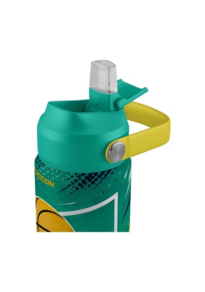 Puccon 540 Ml Basketbol Topu Baskılı Yeşil - Turuncu Erkek Çocuk Pipetli Çelik Termos Matara/suluk - 60060