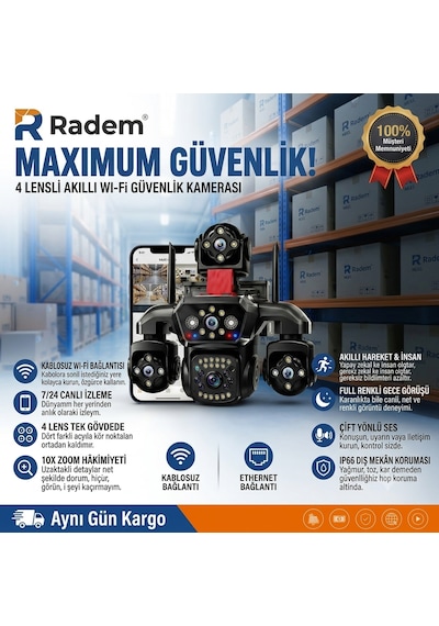 Radem Rd-110 4 Lens Akıllı Wi-fi Ptz Güvenlik Kamerası 10x Zoom Çift Yönlü Ses Full Renkli Gece Görüşü Ip66 Hareket Takibi