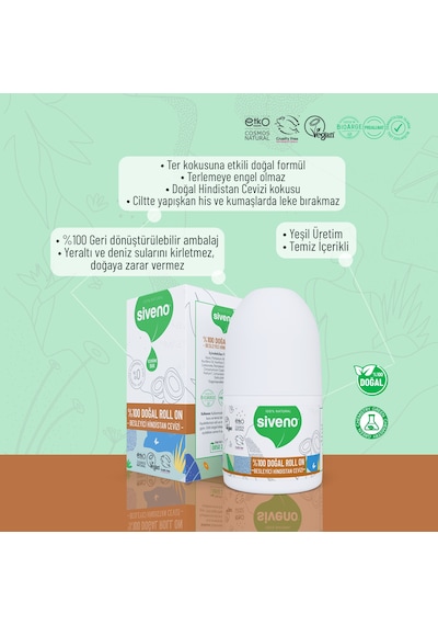 Siveno %100 Doğal Roll On Hindistan Cevizli Deodorant Ter Kokusu Önleyici Bitkisel Leke Bırakmayan Vegan 50 ML