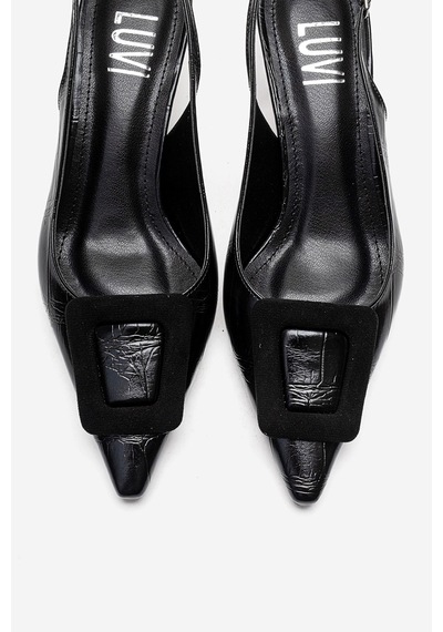 Luvishoes Dublın Siyah Baskı Tokalı Kadın Topuklu Ayakkabı Siyah