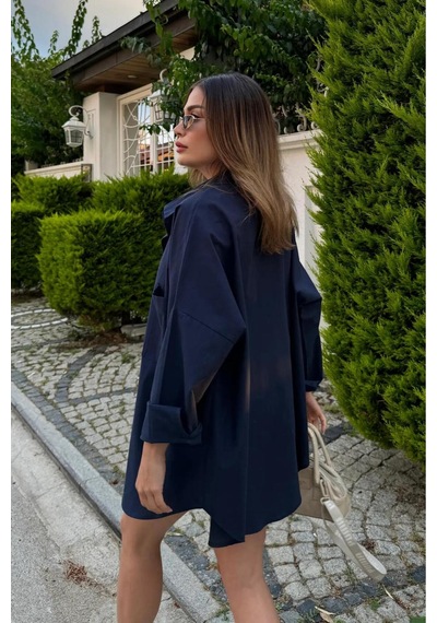 Rouge Basıc Oversize Keten Dokulu %100 Pamuk Salaş Gömlek Lacivert