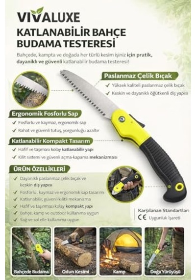 Budama Testeresi Fosforlu Sarı Ergonomik Sap Paslanmaz Çelik Bıçak Ağaç Dalı Ve Kamp Için El Testeresi
