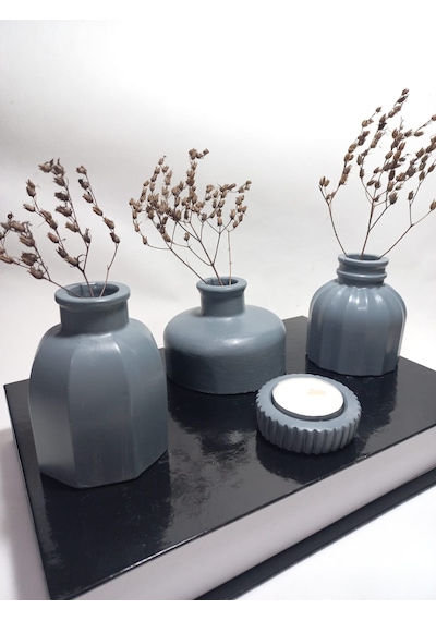 Modern Minimal Vazo Set 3'lü, Ev & Ofis Hediyelik, Dekoratif Obje, Gri