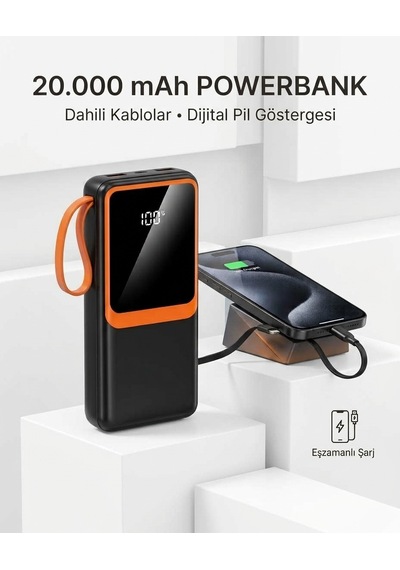 20000 Mah Yüksek Kapasiteli Powerbank Dahili Kablolu Dijital Göstergeli Taşınabilir Şarj Cihazı - Lisinya Siyah