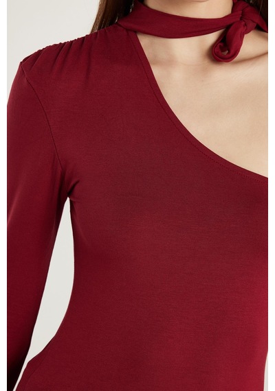 Tudors Kadın Standart Fit Fitilli Tek Kol Asimetrik Yaka Bordo Bluz-33994 Bordo