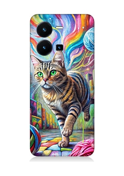 Vivo Y35 Uyumlu Renkli Yumaklar Ve Kedi Desenli Silikon Kılıf