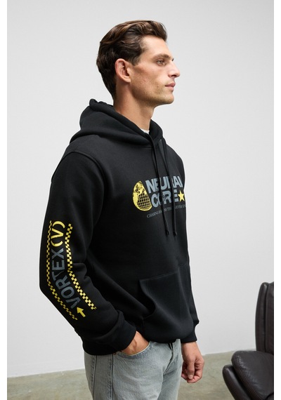 Grımelange Cornelıus Erkek Önü Ve Kolları Baskılı Kapüşonlu Kordonlu Kanguru Cepli Siyah Sweatshirt Siyah