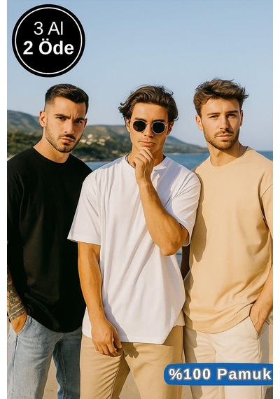 Rich Erkek 3'lü Paket Siyah-beyaz-bej %100 Pamuk Oversize Tişört Basic Bisiklet Yaka Kısa Kollu T-shirt Bej