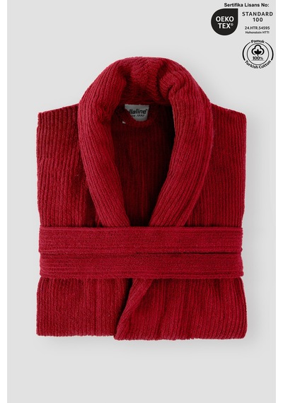 Bordo Çizgili Bornoz %100 Sertifikalı Pamuk Şal Yaka Unisex Banyo Bornoz / Sabahlık 340 Gr/m2 Bordo Renk