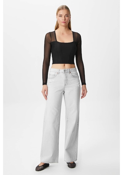Ritnice Kadın Alina Korse Görünümlü Siyah Tül Crop Bluz