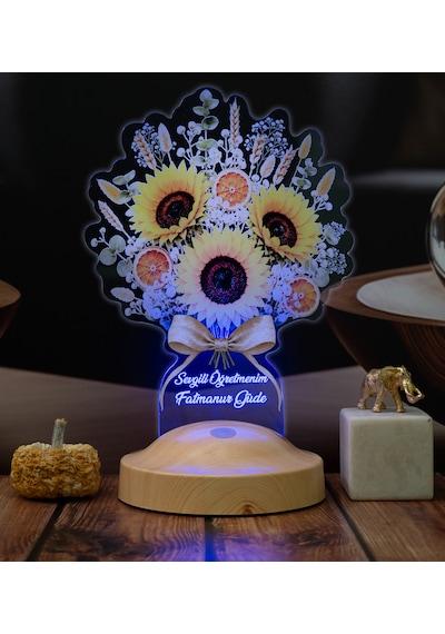 Ayçiçeği Buketi Led Lamba, Günebakan Çiçek Buketi Doğum Günü Hediyesi Kadına, Anneye Ve Öğretmene Hediye Masa Lambası