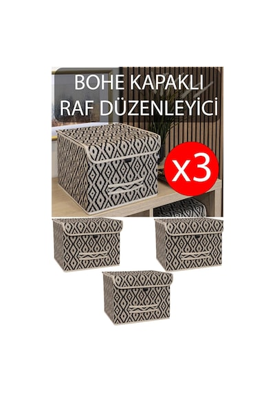 3 Adet Bohe Çok Amaçlı Kapaklı Kutu, Dolap Raf Düzenleyici, Dekoratif Saklama Kutusu 30x30x23 Cm Gri-beyaz