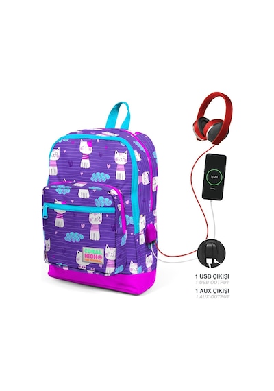 Coral High Kız Çocuk İlkokul Okul Çantası Seti Pembe Mor Kedi