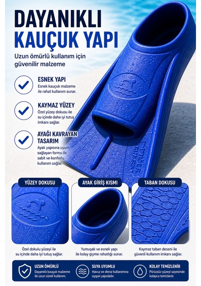 Mavi 41-42 Numara Yüzme Paleti Kauçuk Kısa Palet Havuz Deniz Antrenman Erkek Unisex Ayak