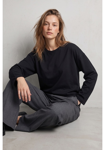 Elemge %100 Pamuk Süprem Oversize Kadın Uzun Kollu T-shirt Compact Penye Tok Yumuşak Kumaş Bol Kesim Nefes Alan Terletmez Yapı Basic Siyah Tişört