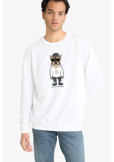 Defacto Boxy Fit Bisiklet Yaka Baskılı Sweatshirt E9331ax25auwt34 Beyaz