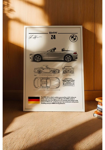 Bmw Z4 Tablo - Teknik Özellikli Alman Roadster Poster - Çerçeveli Duvar Dekoru - Araba Blueprint Beyaz