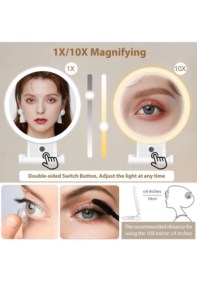Işıklı Taşınabilir Büyüteç Aynası, Seyahat Makyaj Aynası, 2 Taraflı 1x/10x Işıklı Makyaj Aynası, Masa Üs Genel