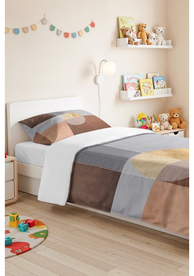 Geometrik Gri Genç Odası Tek Kişilik Pike Takımı - Modern Vizon Bej 160x220 Cm Kapitone Yatak Örtüsü Kırık Perde Kırığı