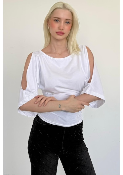 Madmext Beyaz Belden Büzgülü Yarasa Kollu Açık Omuz Bluz Mg2672 Beyaz