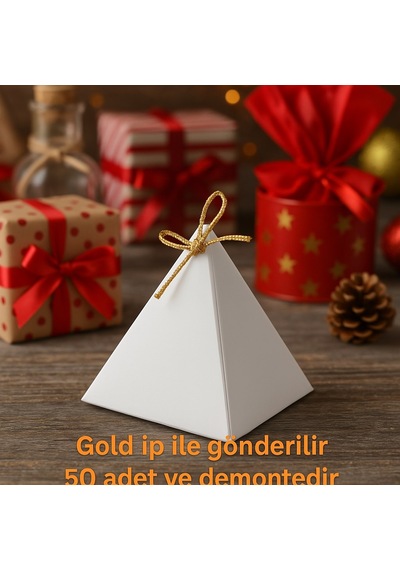 50 Adet Beyaz Piramit Lokum Kutusu - Gold İpli - Şeker Kutusu - Çikolata Kutusu