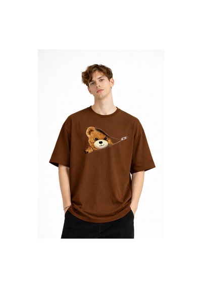 Misa Tahtakale Mn - Bear Baskılı Oversize Tişört Kahve Çok Renkli