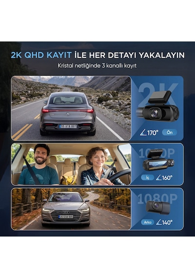 Juo C30 2k Qhd Ön + Fhd İç + Fhd Arka 3 Kameralı Wifi Gps Hdr Araç Kamerası Ekranlı 170 Geniş Açı Gece Görüş Araç İçi Kamera