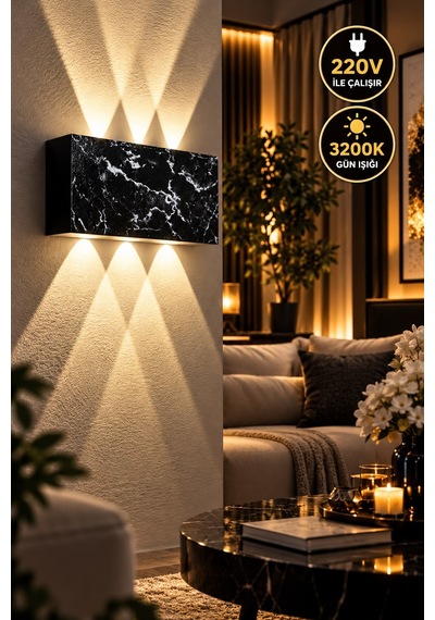 12w Siyah Mermer Desenli Led Duvar Apliği 3200k Gün Işığı 3 Gözlü Modern Aplik