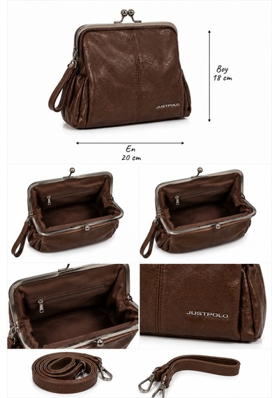 Just Polo Kadın Çift Askılı Çanta 18x20 Cm Fermuarlı Günlük Omuz Ve El Çantası Kahverengi