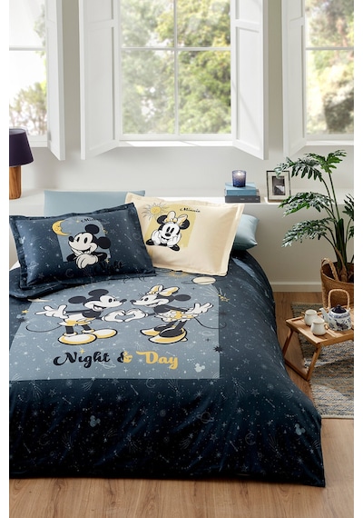 Mickey & Minnie Mouse Day Çift Kişilik Disney Lisanslı Lastikli Çarşaf Nevresim Takımı Mavi