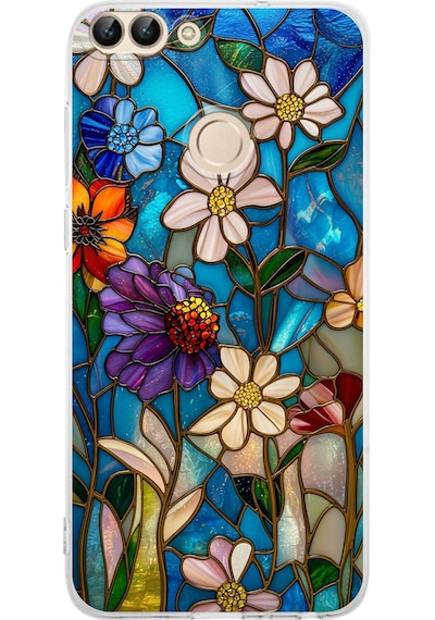 Printify Huawei P Smart İle Uyumlu Vitray Mavi Bahar Tasarımlı Şeffaf Silikon Kılıf Şeffaf