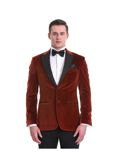 Hatemoğlu Kiremit Slim Fit Düz Sivri Yaka Kadife Klasik Smokin Damatlık 33 Kahverengi