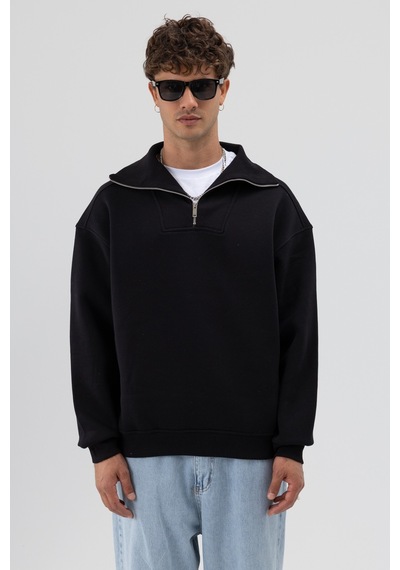 Vamos Basic Fermuarlı Dik Yaka Sweatshirt Siyah