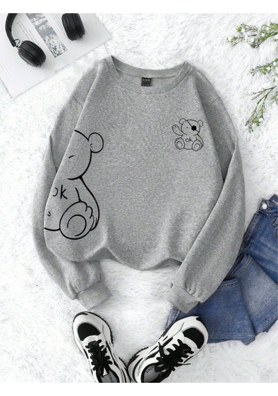 Startmore Gri Unisex Erkek/kadın Ok Bear Özel Renkli Baskılı Oversize Pamuklu Bisiklet Yaka