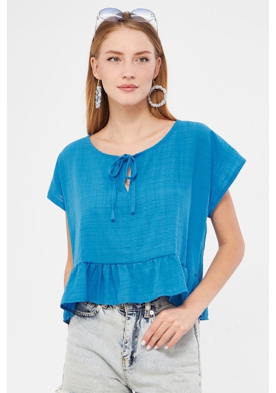 Armonika Kadın Mavi Yarasa Kol Yakası Bağlamalı Eteği Fırfırlı Oversize Crop Bluz Arm-24y001088