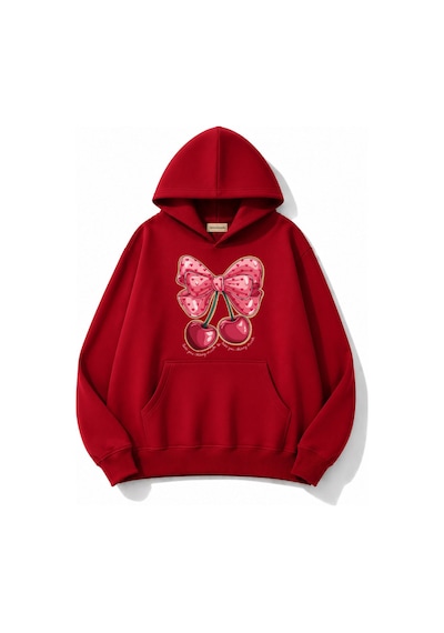 Herkesemoda Kurdele Kiraz Baskılı Kapüşonlu 2 İplik Şardonlu Sweatshirt Kırmızı